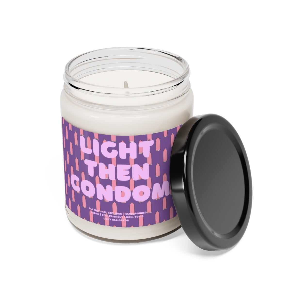 Light Then Condom Soy Candle in a 9oz glass jar, showcasing its stylish design and inviting aroma.