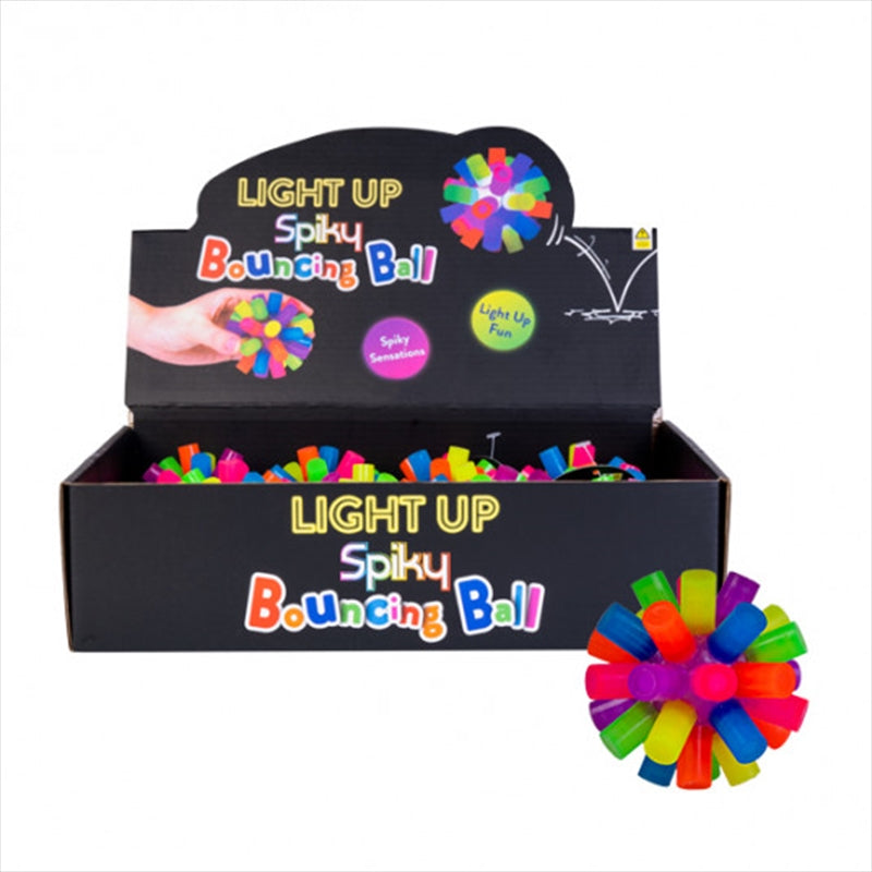 A colorful spiky bouncing ball with soft rubber spikes, glowing with vibrant lights.