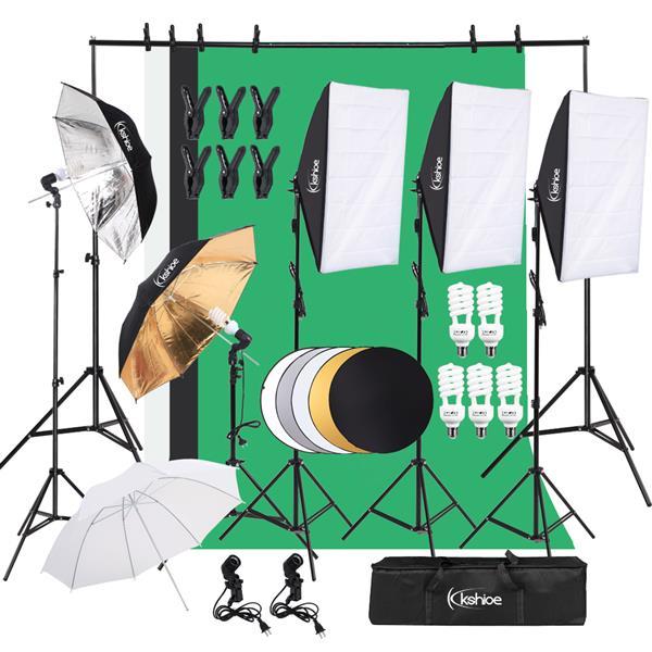 Adjustable Lighting Kit featuring LED lights, softbox, and reflectors for photography and video production.