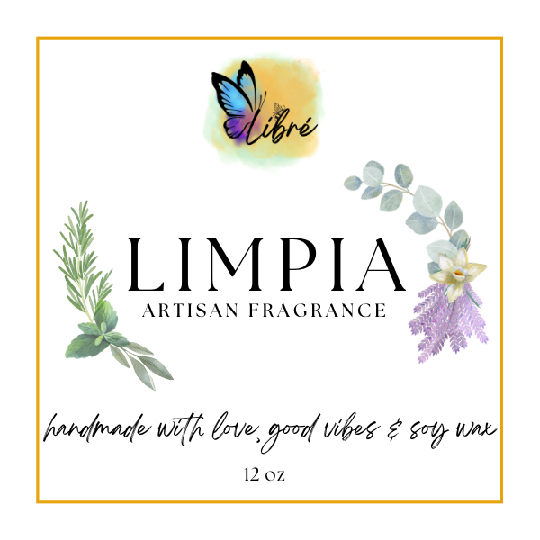 Limpia Artisan Fragrance Candle with sage, lavender, and rose petals, showcasing its elegant design and soothing aroma.