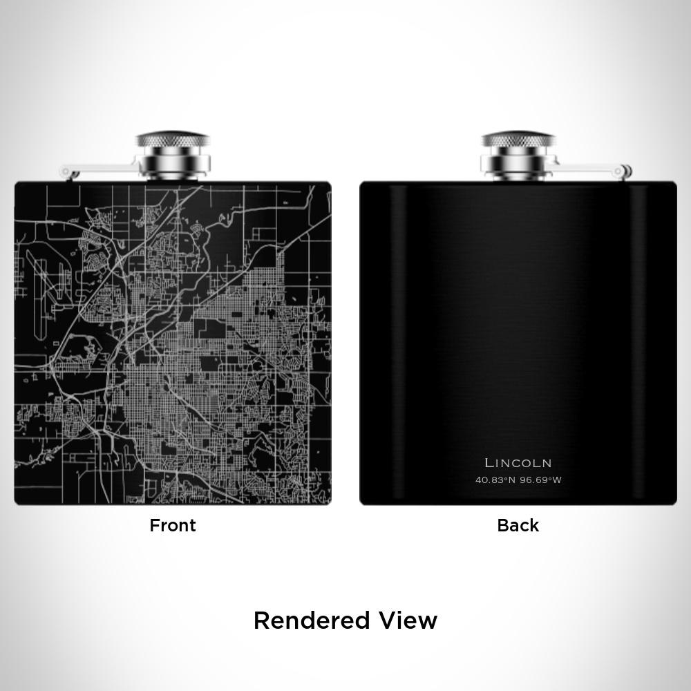 Custom engraved matte black hip flask featuring a map of Lincoln, Nebraska with coordinates, accompanied by a canvas bag and funnel.