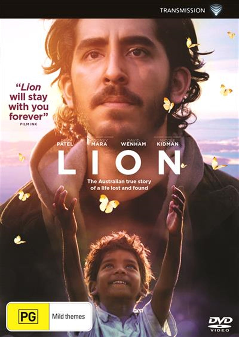 Cover of Lion DVD featuring a young boy looking contemplative against a backdrop of Calcutta streets.