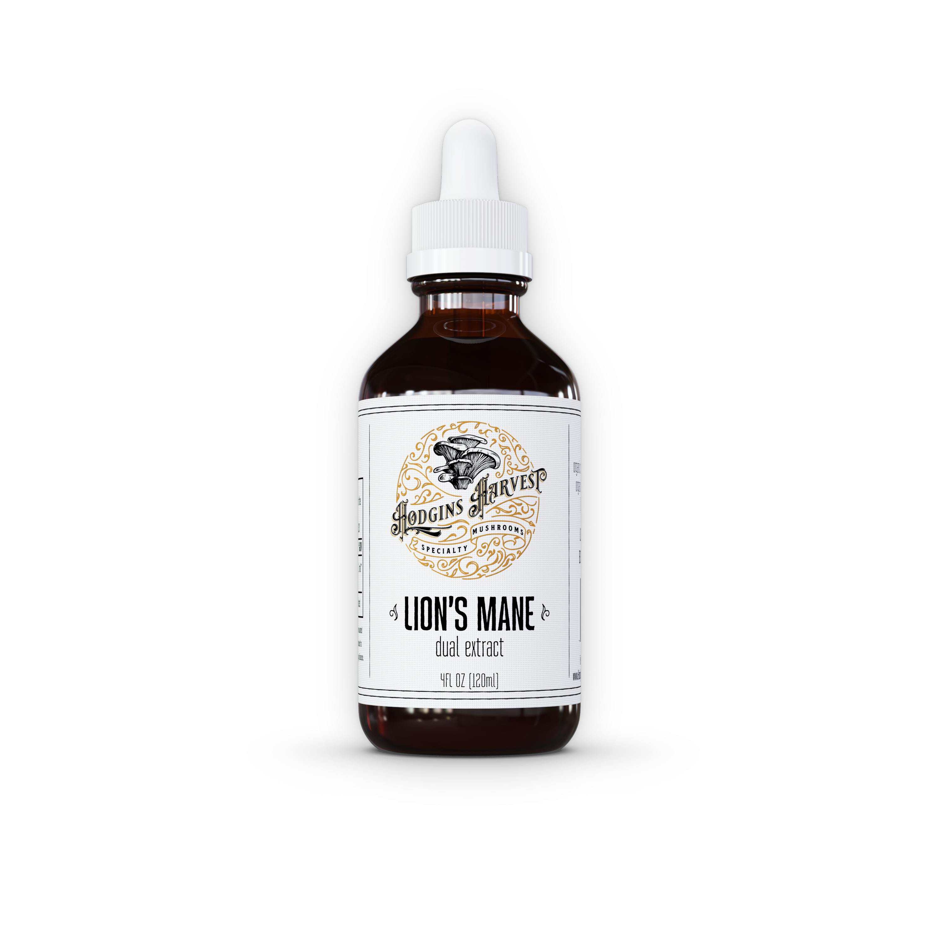 A bottle of Lion's Mane Dual Extract Tincture with a dropper, showcasing its organic ingredients and health benefits.