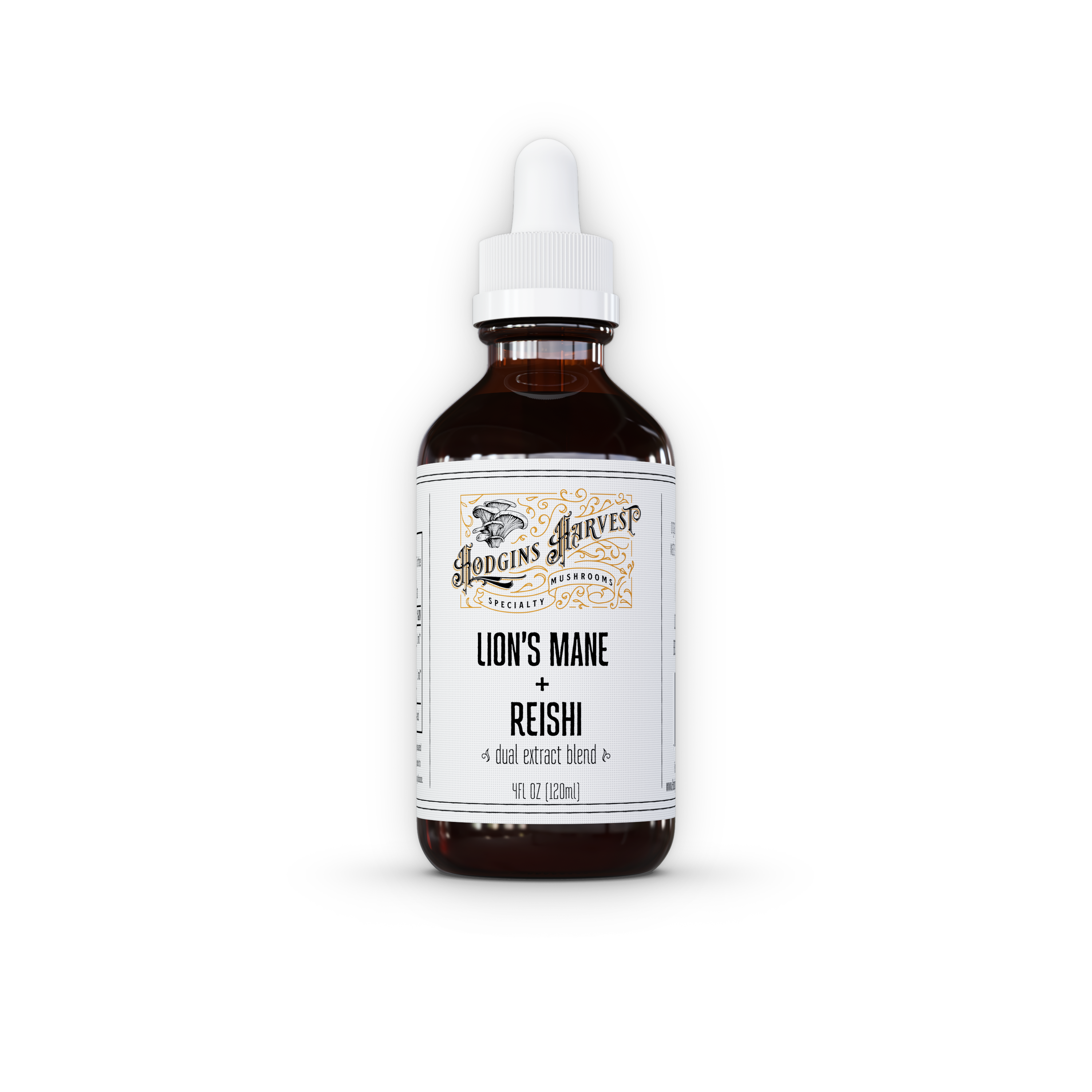 A 4 fl oz bottle of Lion's Mane + Reishi Dual Extract Tincture with a dropper, showcasing its natural ingredients.