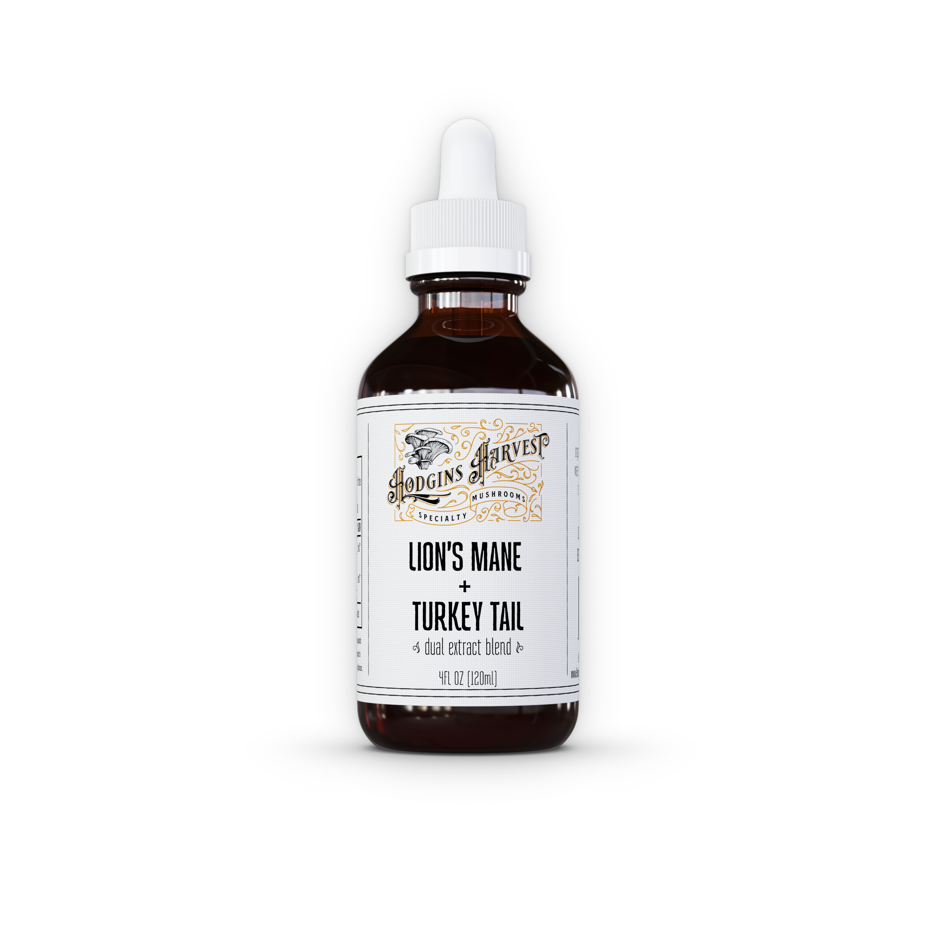 Lion's Mane + Turkey Tail Dual Extract Tincture in a 4 fl oz bottle with a dropper, showcasing the blend of two medicinal mushrooms.