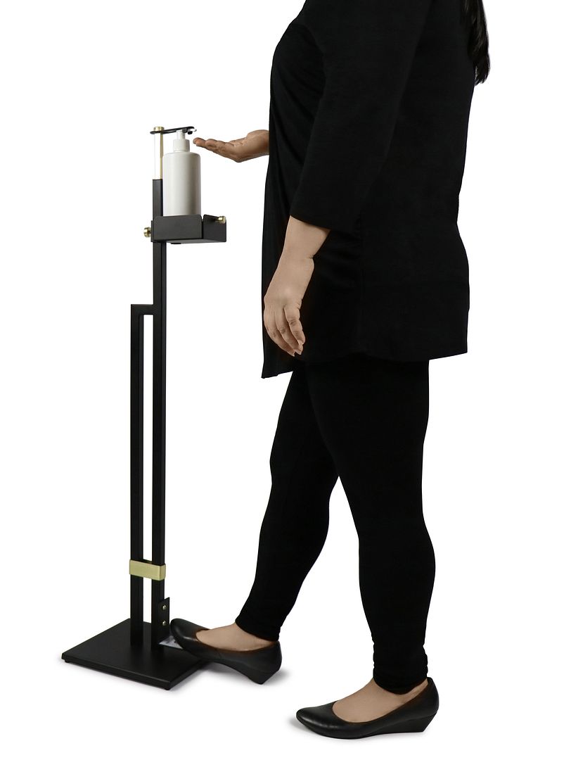 Lirash Touch Free Hand Sanitiser Dispenser Station in gold and black, foot-operated for hands-free sanitisation.