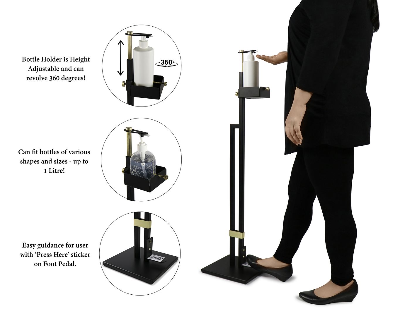 Lirash Touch Free Hand Sanitiser Dispenser Station in gold and black, foot-operated for hands-free sanitisation.