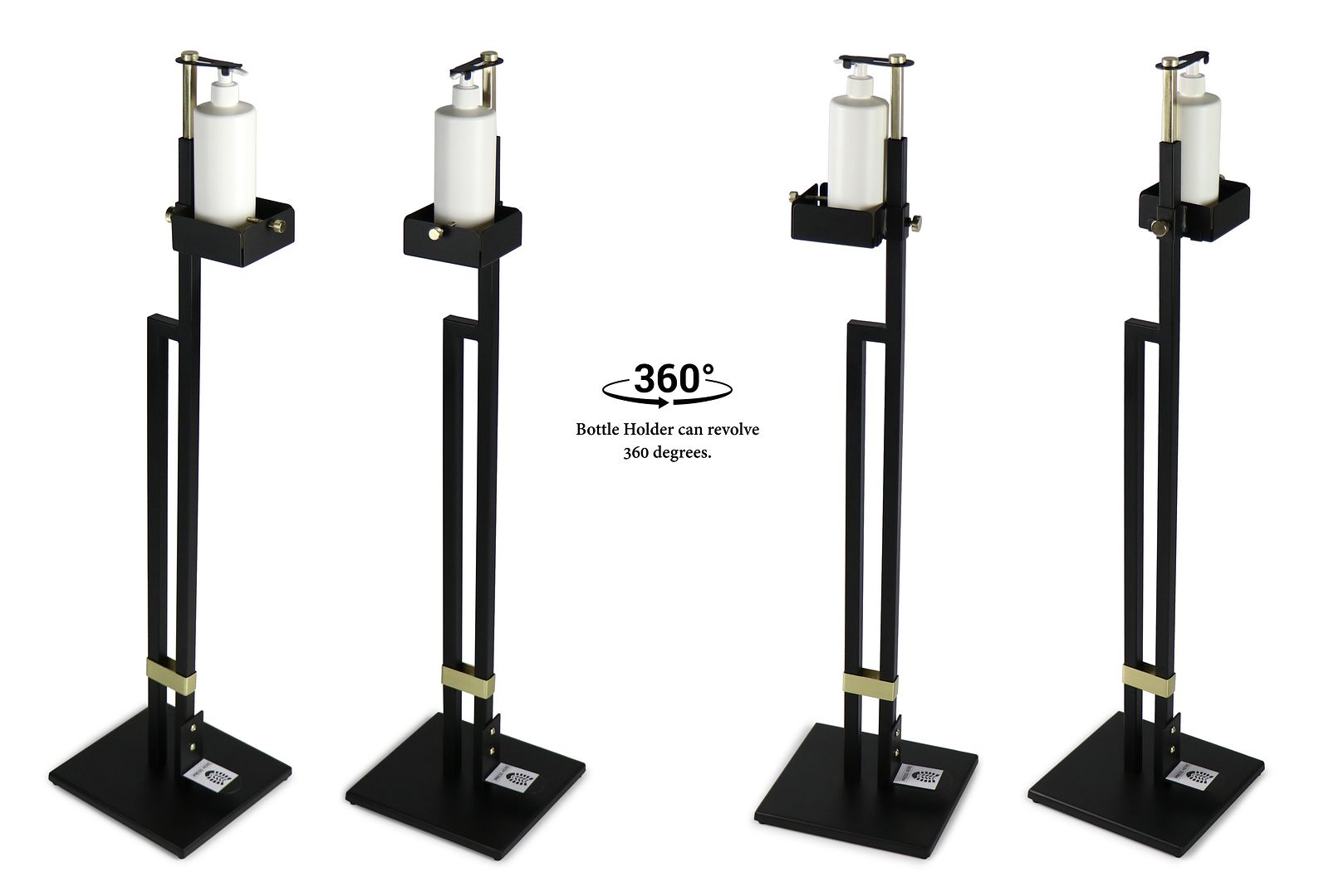 Lirash Touch Free Hand Sanitiser Dispenser Station in gold and black, foot-operated for hands-free sanitisation.