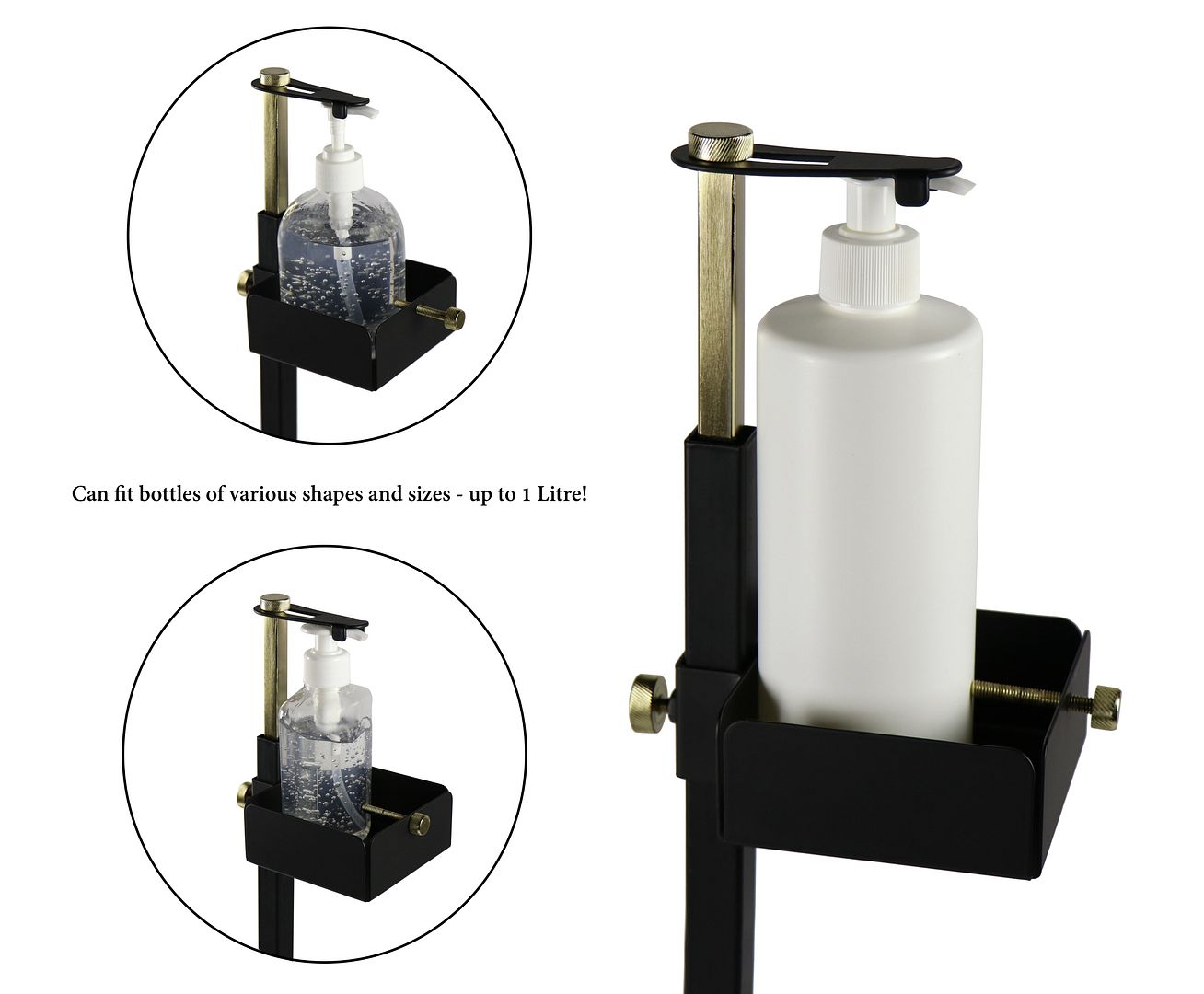 Lirash Touch Free Hand Sanitiser Dispenser Station in gold and black, foot-operated for hands-free sanitisation.