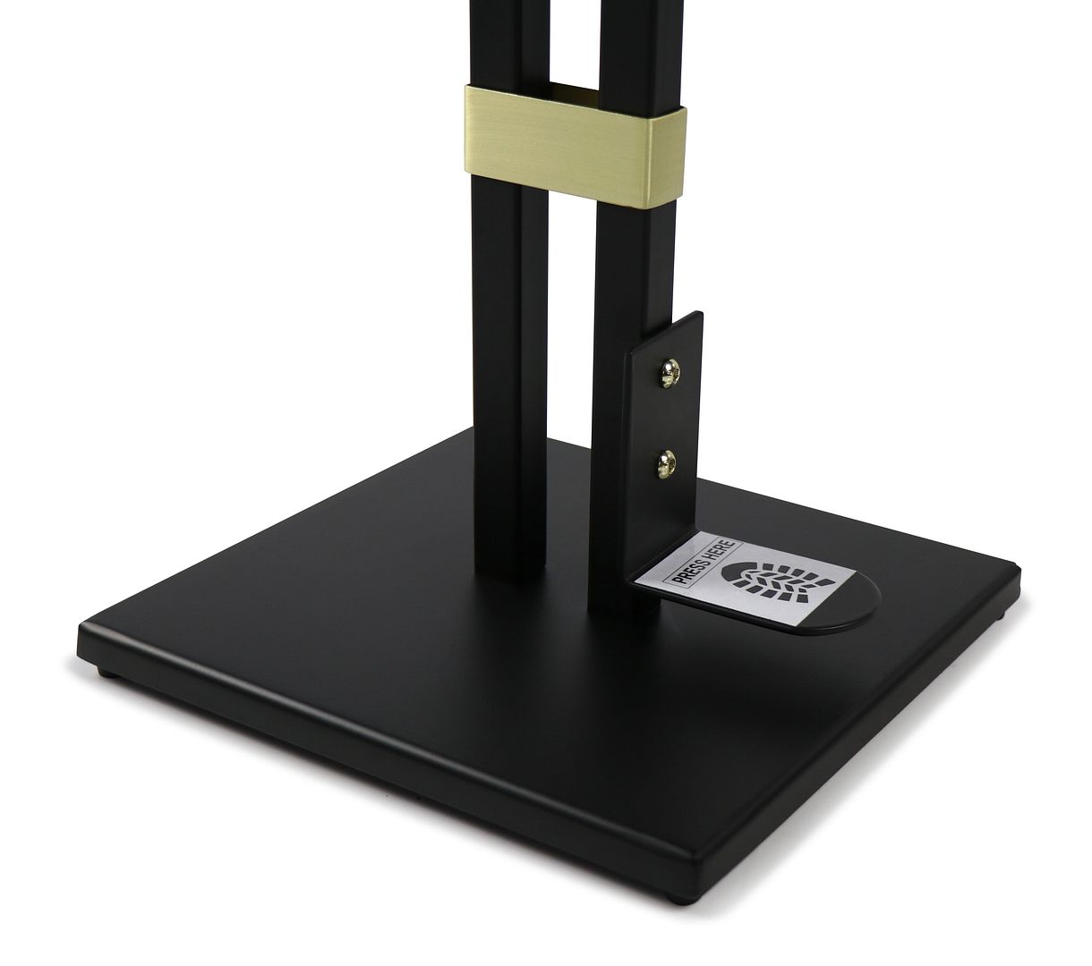 Lirash Touch Free Hand Sanitiser Dispenser Station in gold and black, foot-operated for hands-free sanitisation.