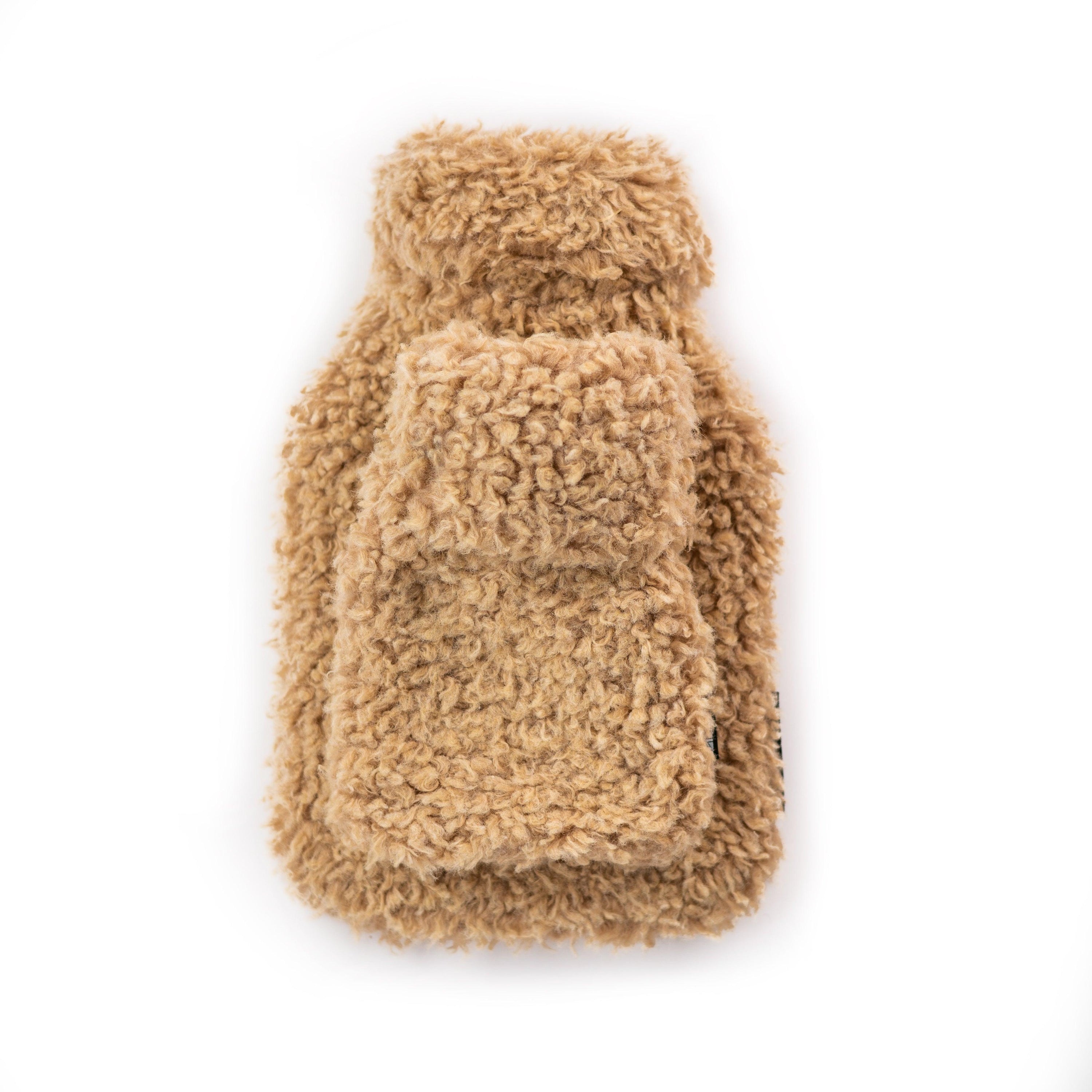 Little and Large Teddy Hot Water Bottle Gift Set featuring a large and mini teddy hot water bottle with soft covers made from recycled materials.