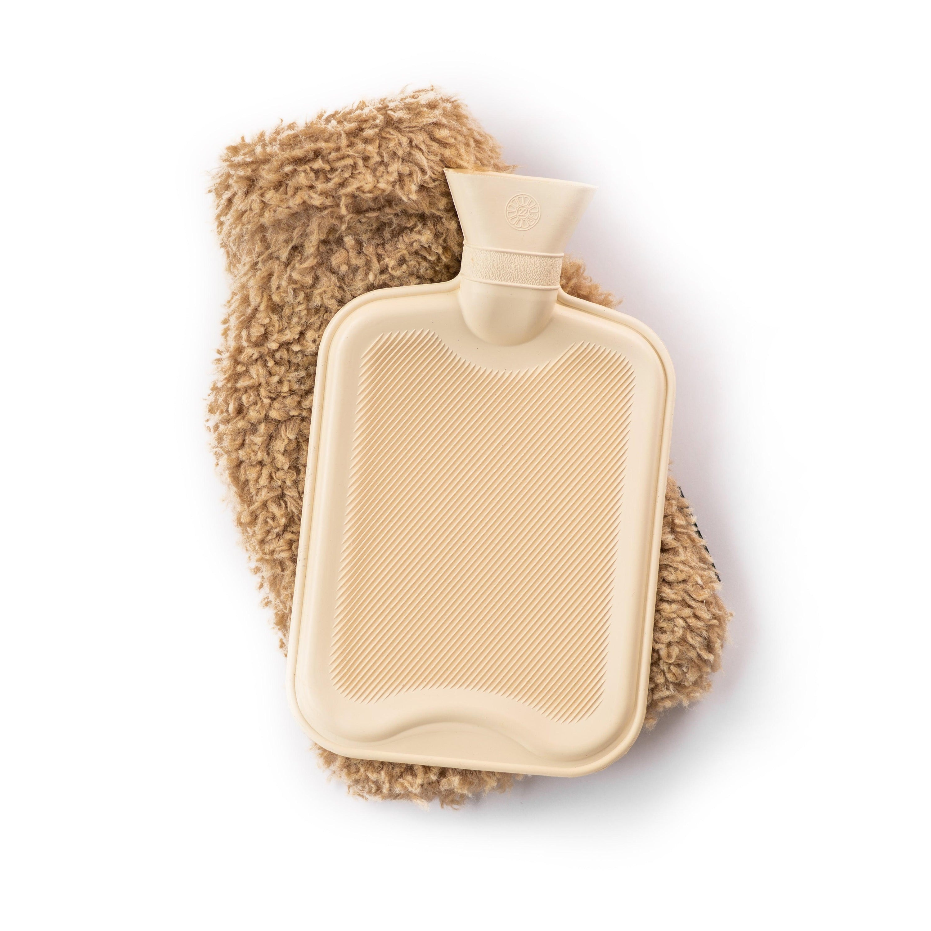 Little and Large Teddy Hot Water Bottle Gift Set featuring a large and mini teddy hot water bottle with soft covers made from recycled materials.