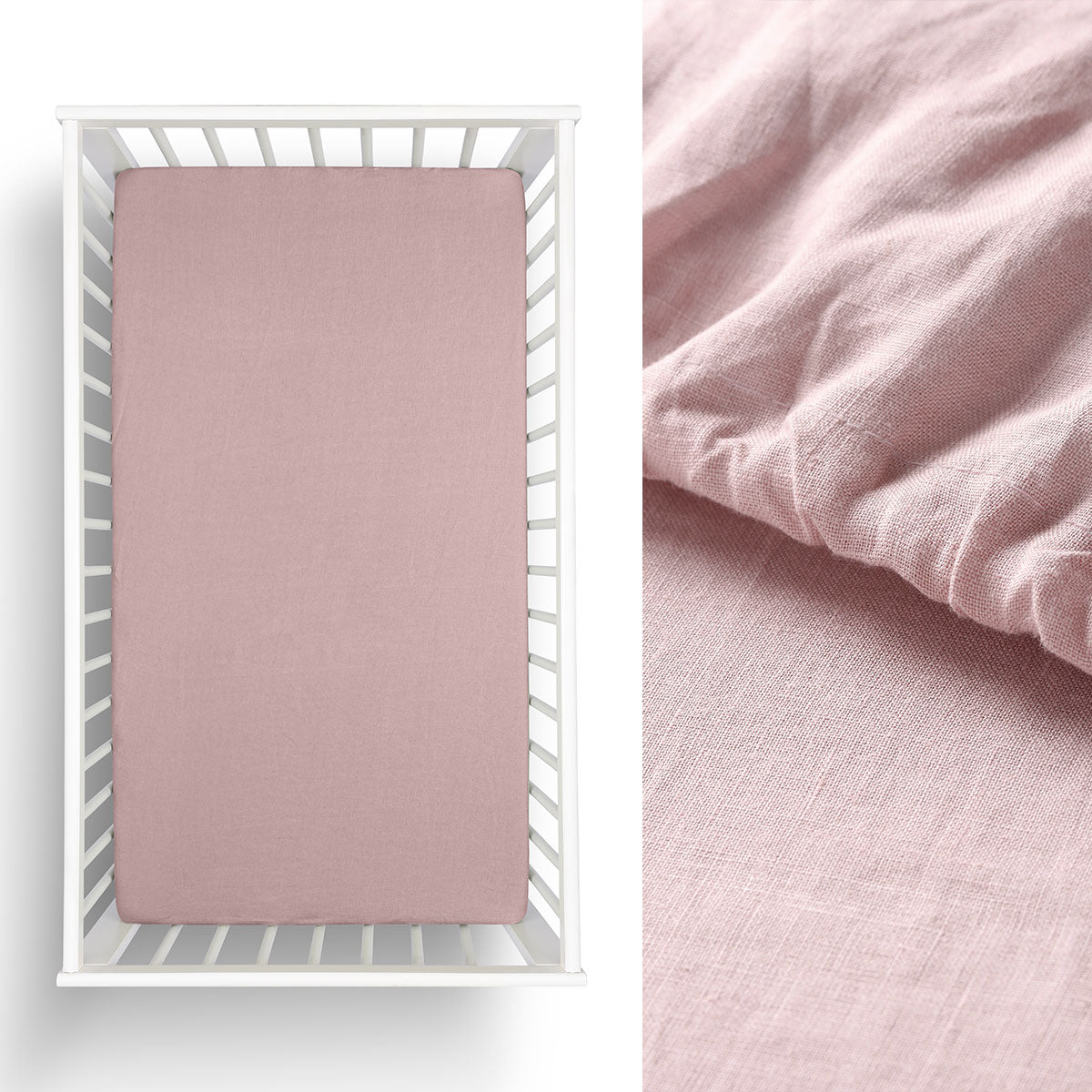 Little Gem Pale Mauve Hemp Cot Fitted Sheet, made from 100% hemp, showcasing its soft texture and solid color design.