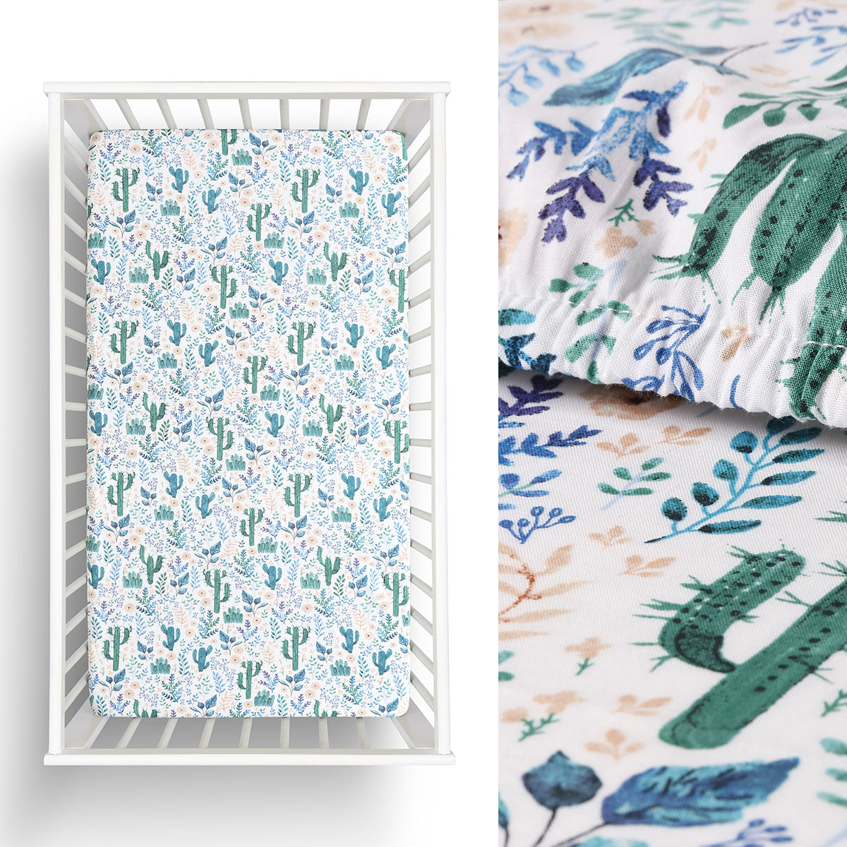 Little Gem Cactus Cotton Cot Fitted Sheet featuring a vibrant cactus print in green, blue, yellow, and white colors, made from 100% organic cotton.