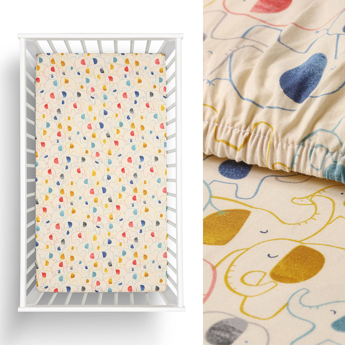 Little Gem Elephant Cotton Cot Fitted Sheet featuring a playful elephant print in cream, blue, yellow, and red colors, made from 100% organic cotton.