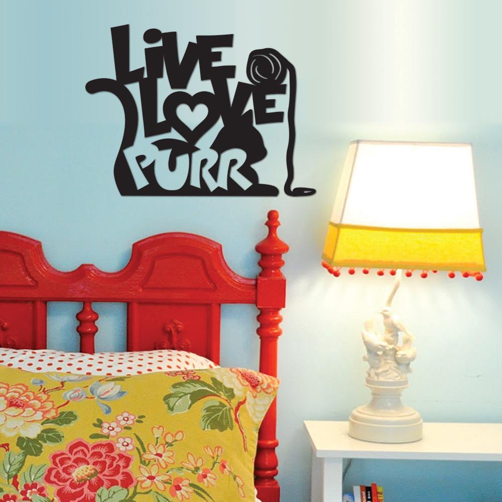 Live, Love, Purr metal wall art featuring a playful cat design, made from durable steel with a powder-coated finish.