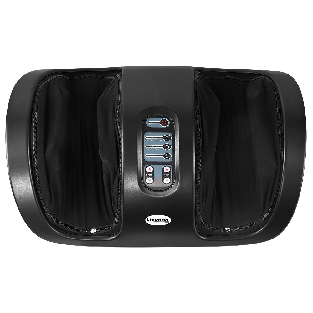 Livemor Foot Massager in black color with control panel and remote control, designed for soothing foot massages.