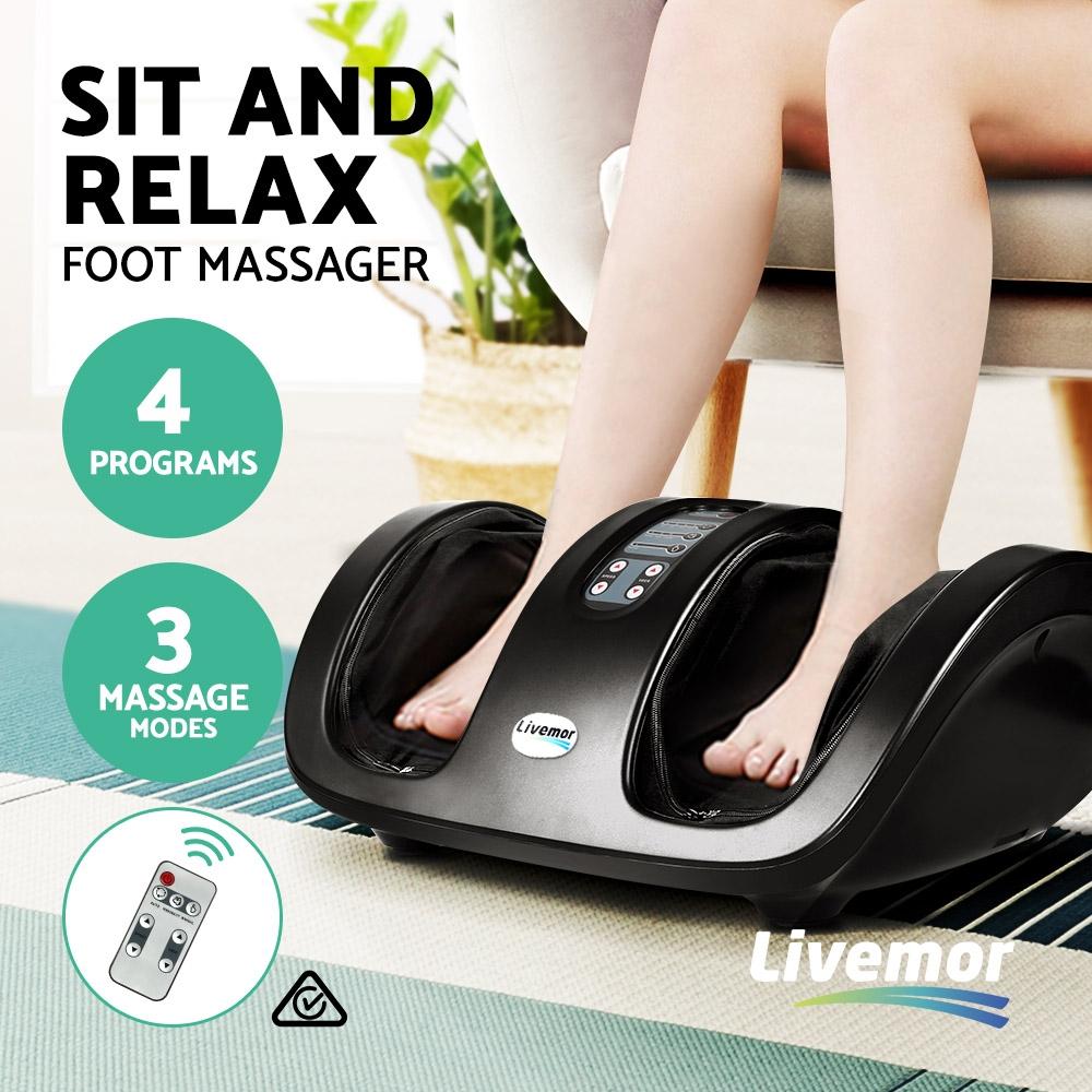 Livemor Foot Massager in black color with control panel and remote control, designed for soothing foot massages.