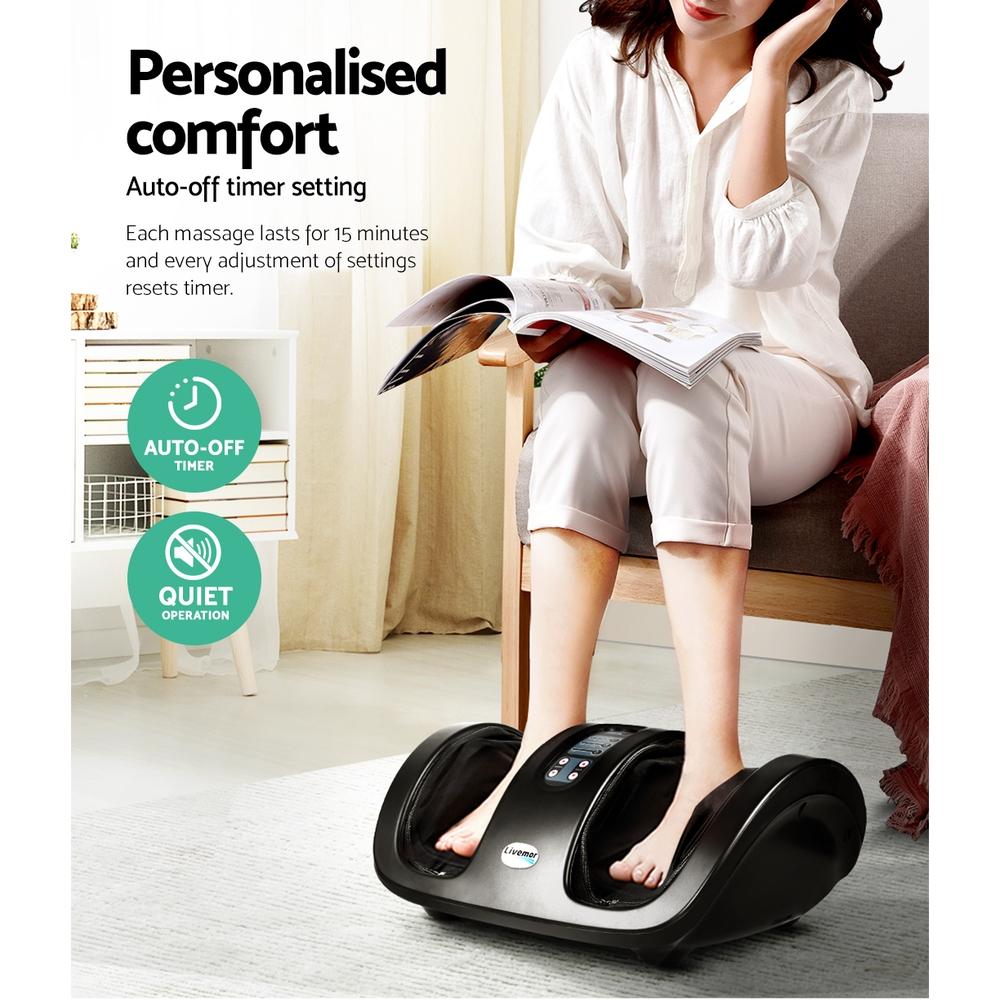 Livemor Foot Massager in black color with control panel and remote control, designed for soothing foot massages.