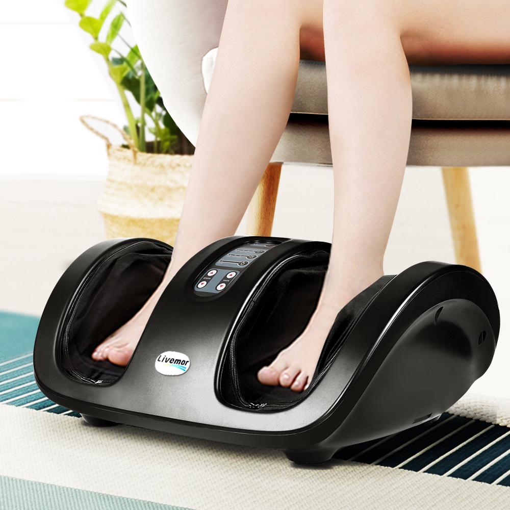 Livemor Foot Massager in black color with control panel and remote control, designed for soothing foot massages.