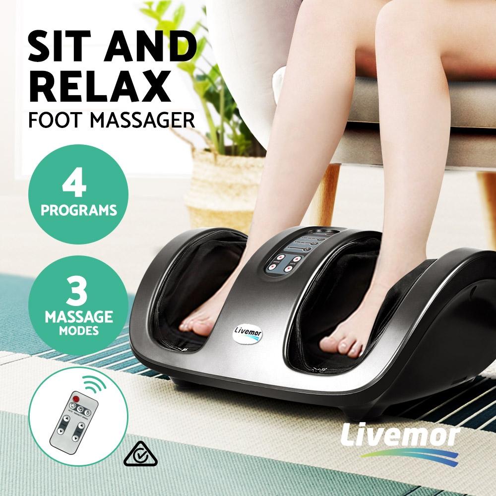 Livemor Foot Massager in grey color with control panel and remote control, designed for soothing foot massages.