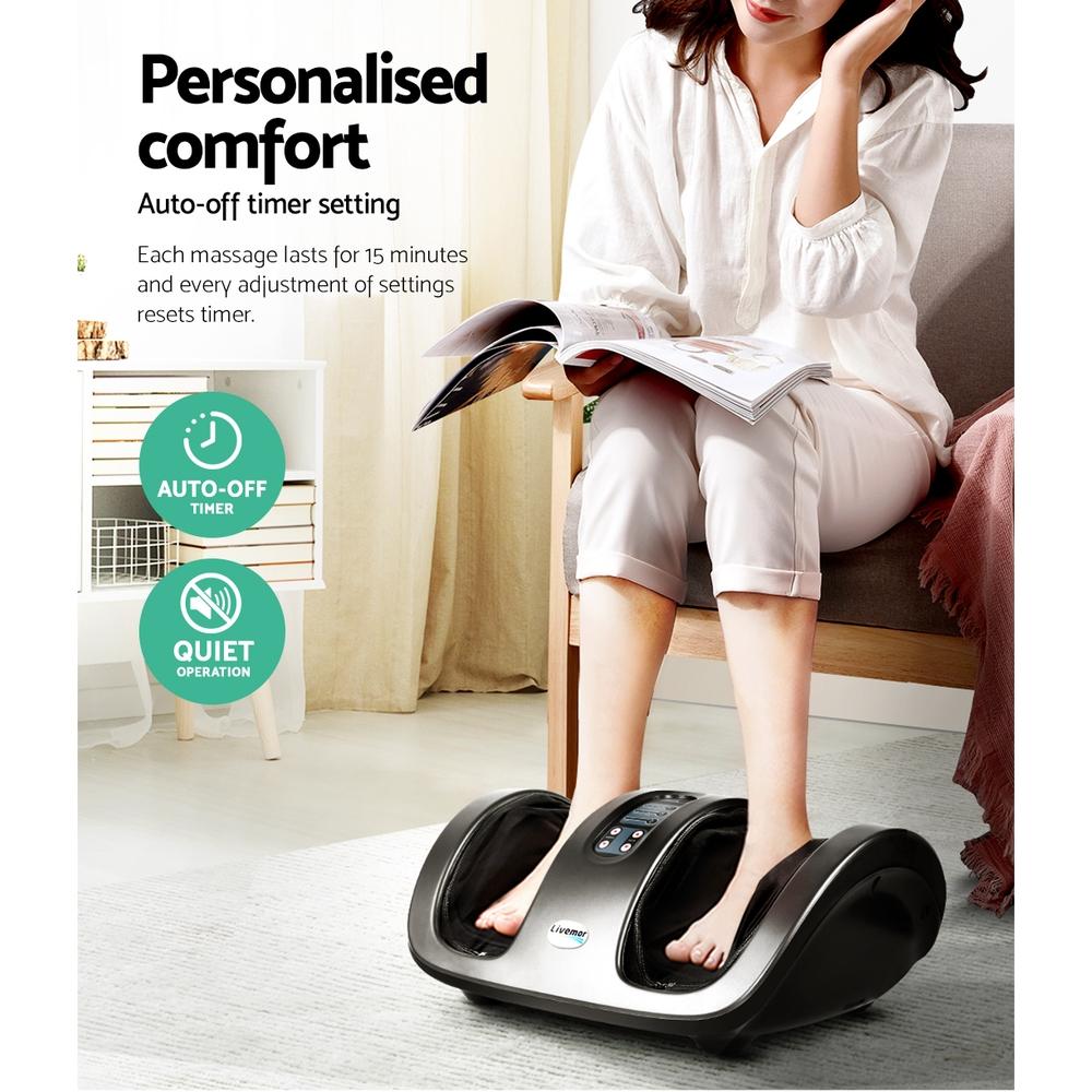 Livemor Foot Massager in grey color with control panel and remote control, designed for soothing foot massages.