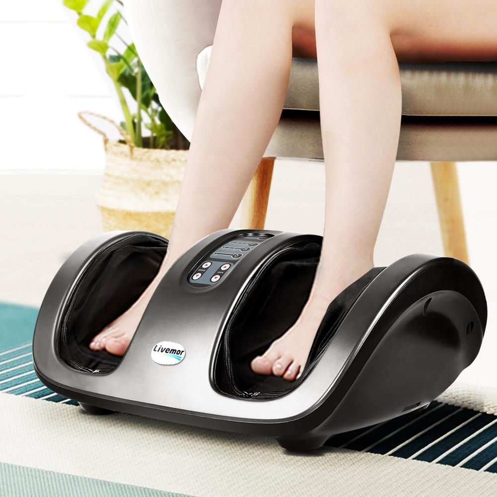 Livemor Foot Massager in grey color with control panel and remote control, designed for soothing foot massages.