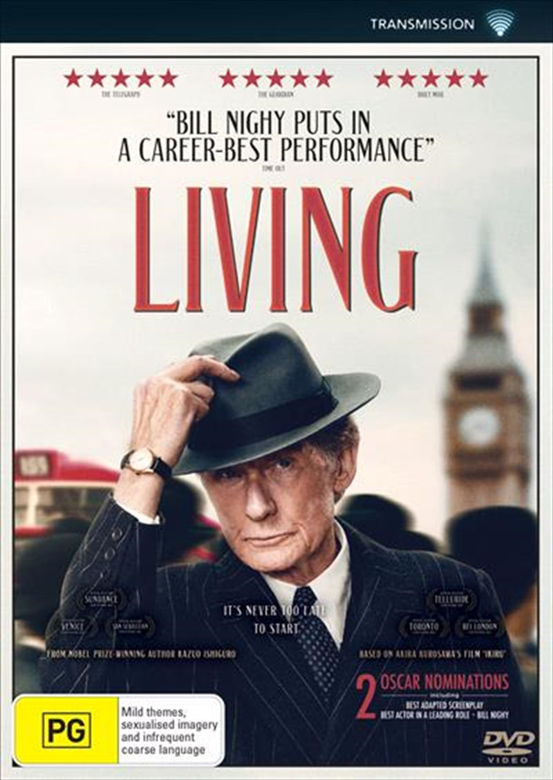 Cover of the Living DVD featuring a somber civil servant in 1950s London, symbolizing transformation and renewal.