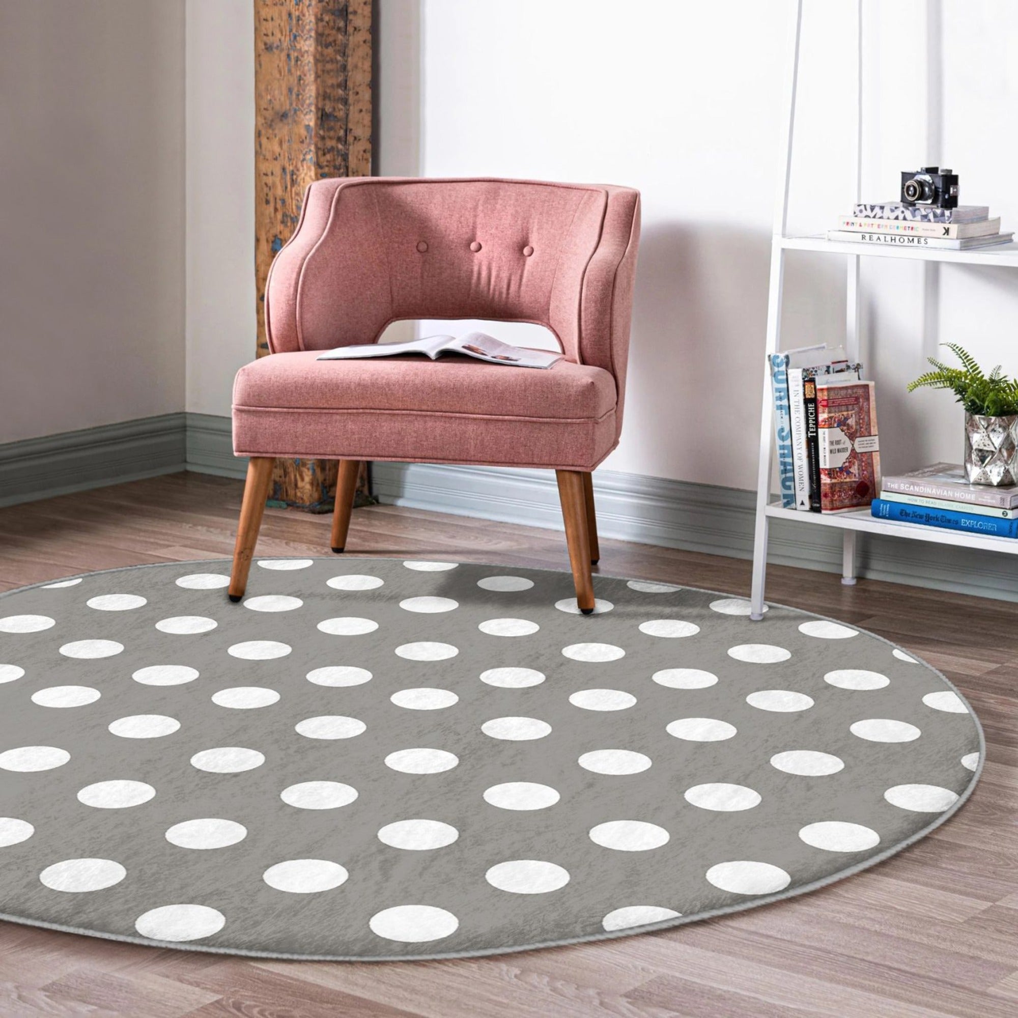 Stylish grey washable rug with soft velvet texture, perfect for living room decor.