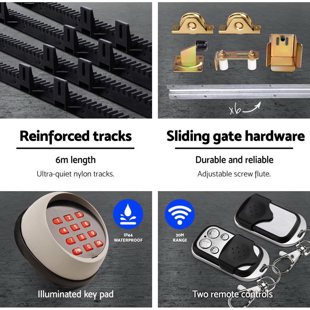 LockMaster Electric Sliding Gate Opener with 1800KG motor kit and wireless keypad, showcasing its robust design and features.