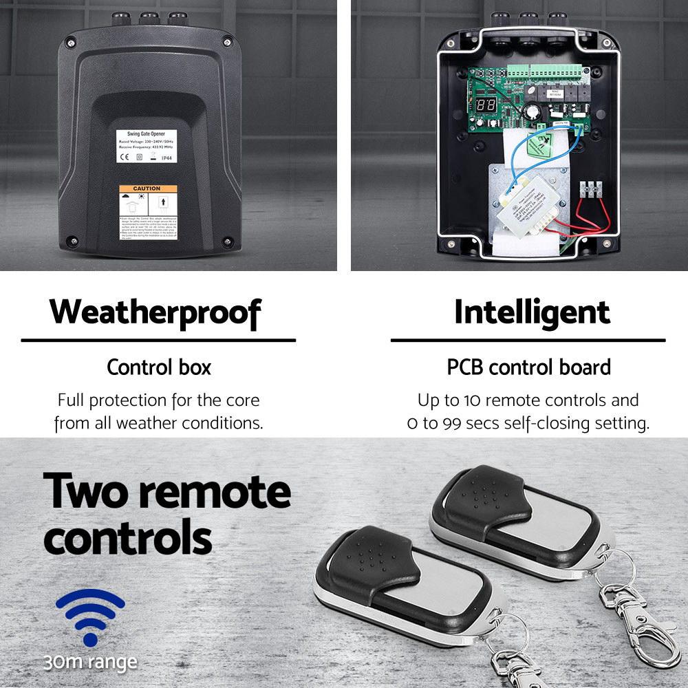 LockMaster Swing Gate Opener with solar panel and remote controls, designed for automatic gate operation.