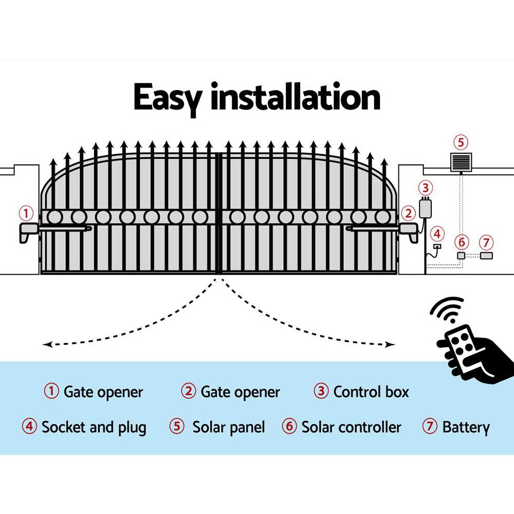 LockMaster Swing Gate Opener with solar panel and remote controls, designed for automatic gate operation.