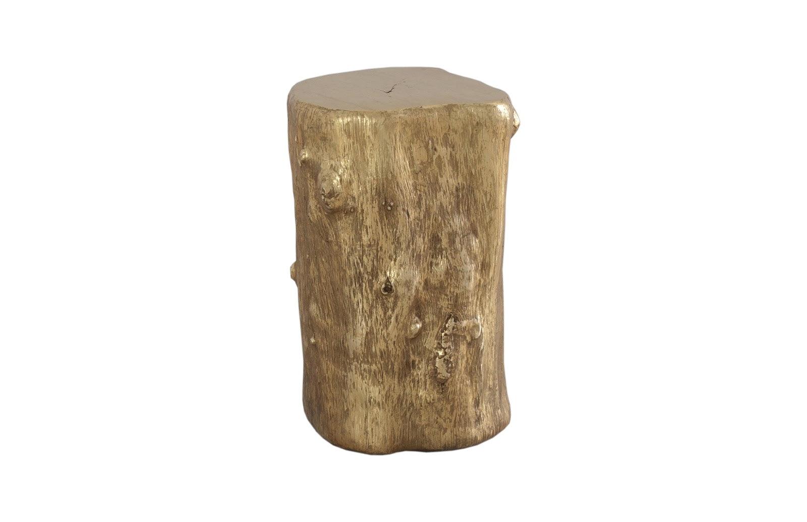 Log Small Gold Stool with a luminous gold leaf finish, resembling a natural log, perfect for modern interiors.