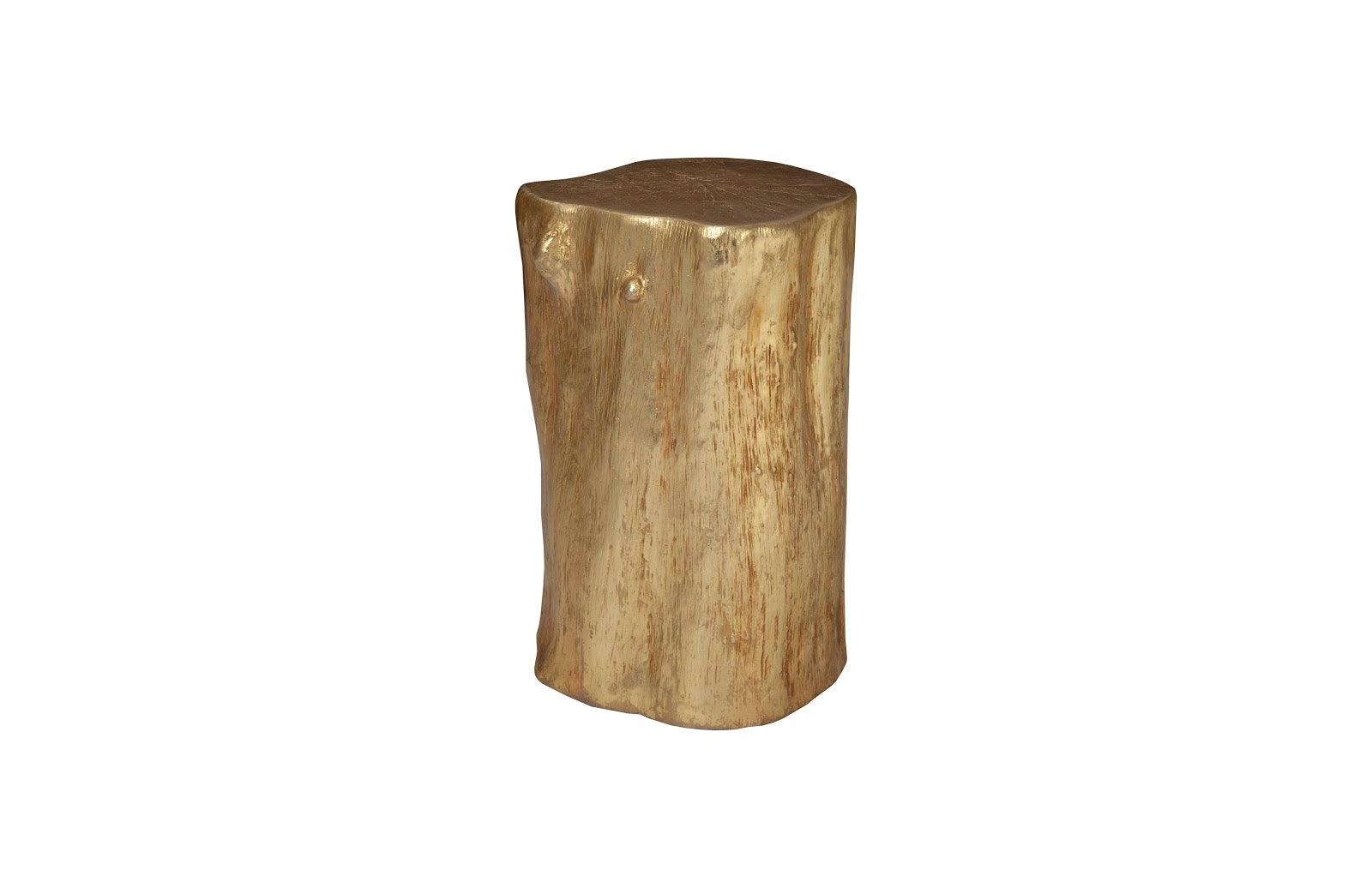 Log Small Gold Stool with a luminous gold leaf finish, resembling a natural log, perfect for modern interiors.