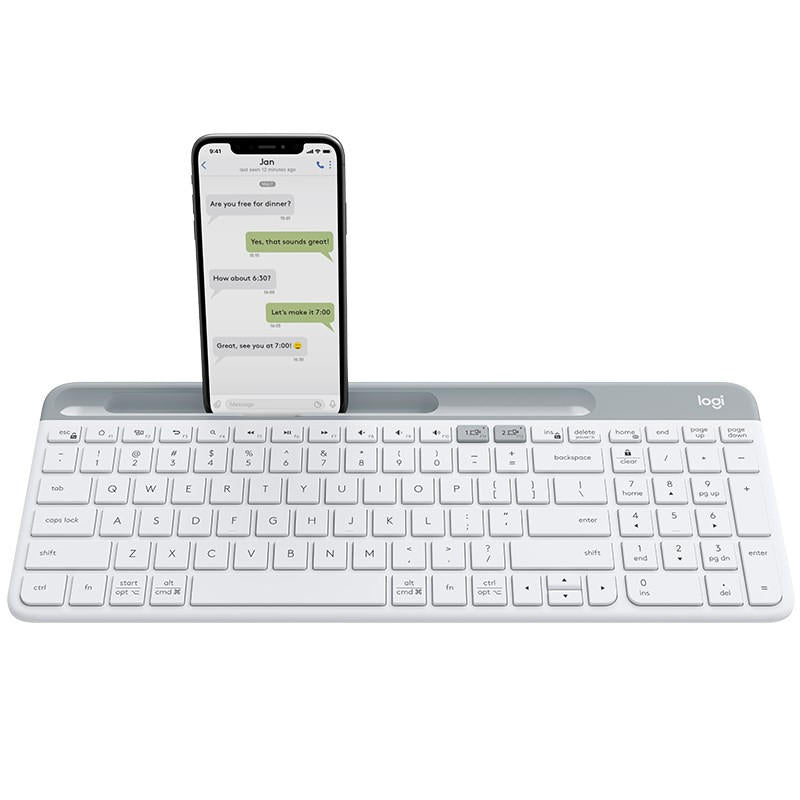 Logitech K580 Unifying Slim Easy Switch Multi-Device Wireless Keyboard in white with built-in phone cradle.