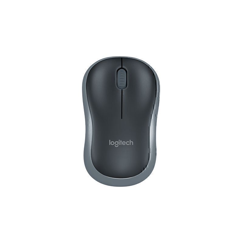 LOGITECH M185 Wireless Mouse in Black and Grey, showcasing its ergonomic design and wireless functionality.