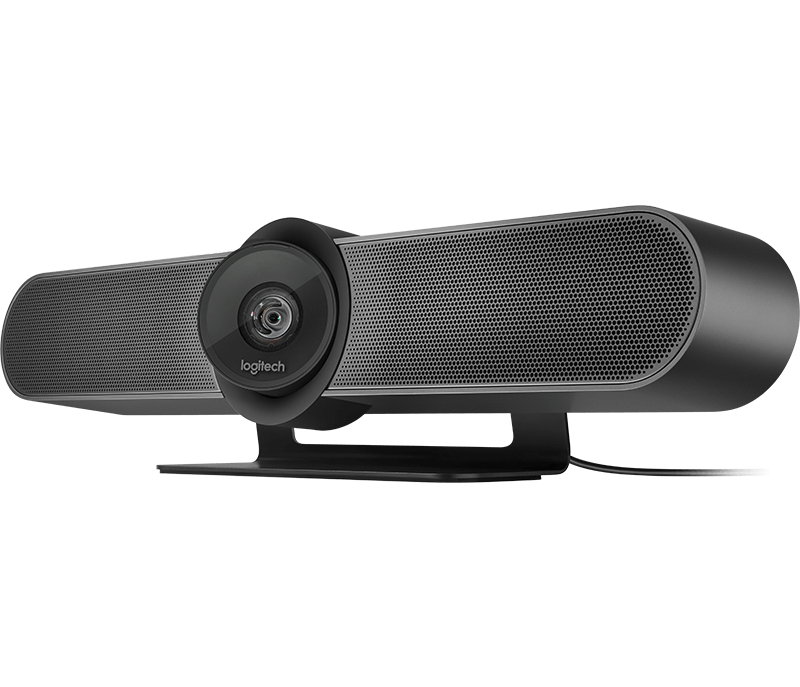 Logitech MeetUp 4K Conferencecam showcasing its sleek design and wide-angle lens, ideal for video conferencing in small meeting rooms.