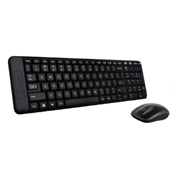 Logitech Wireless Keyboard and Mouse Combo MK220 in black, showcasing its compact design and standard keys.