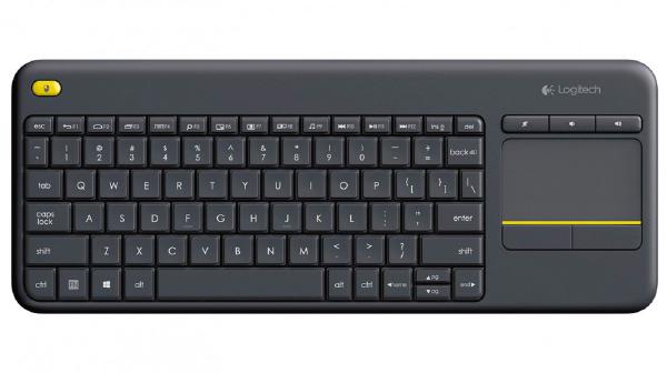 Logitech Wireless Keyboard K400 Plus in black with a large touchpad and USB receiver, designed for PC-to-TV entertainment.