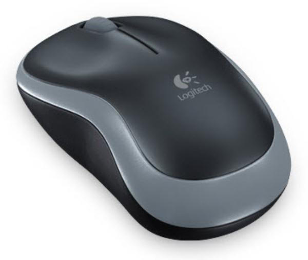 Logitech Wireless Mouse M185 in black with USB receiver, showcasing its ergonomic design and three-button layout.