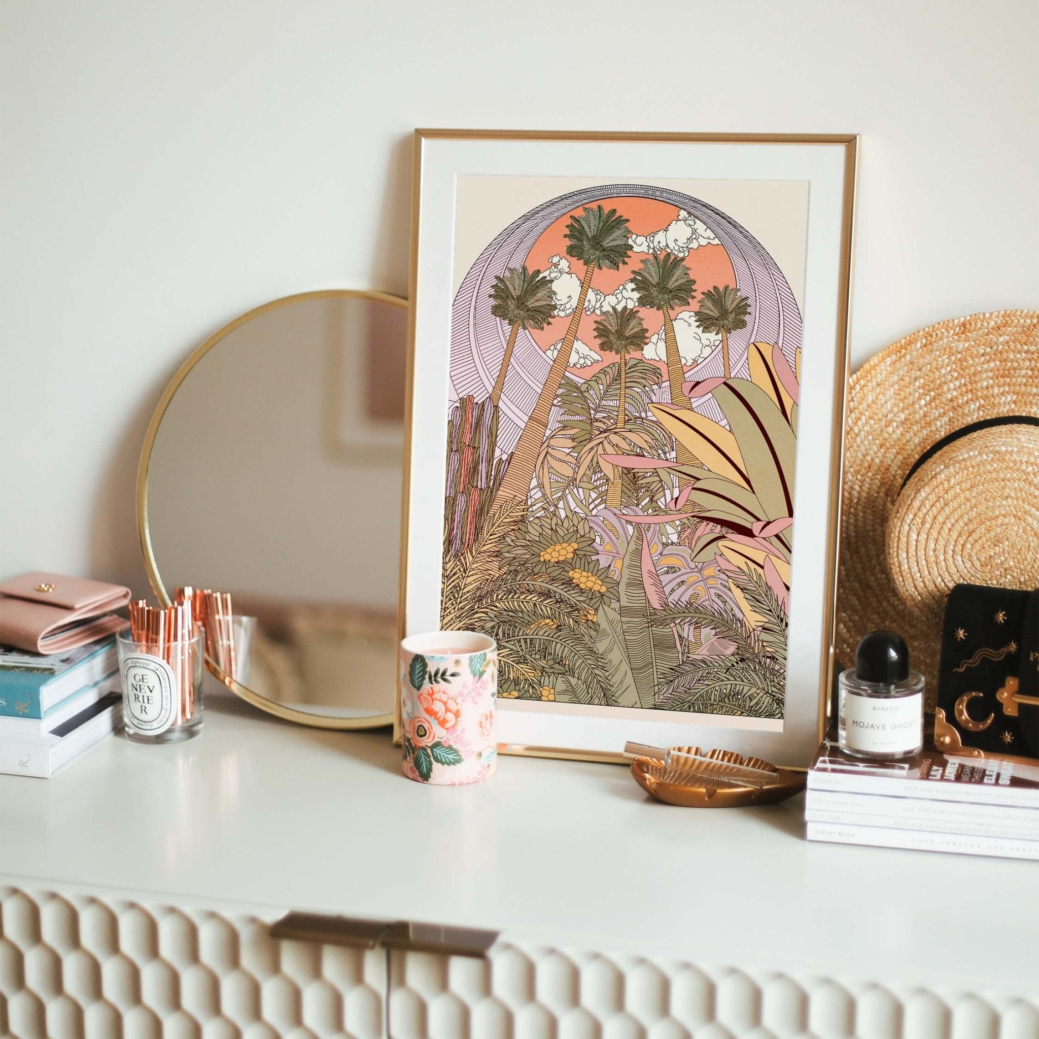 Looking Up art print featuring palm trees against a pink sky and botanical plants in an arch shape.