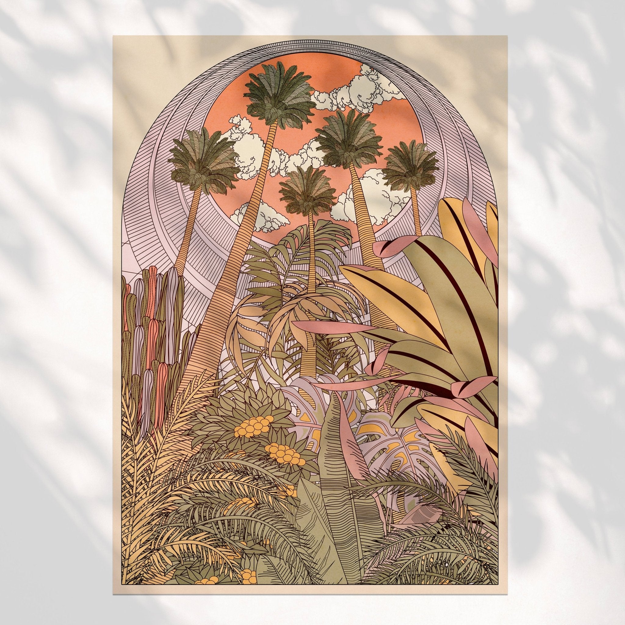 Looking Up art print featuring palm trees against a pink sky and botanical plants in an arch shape.