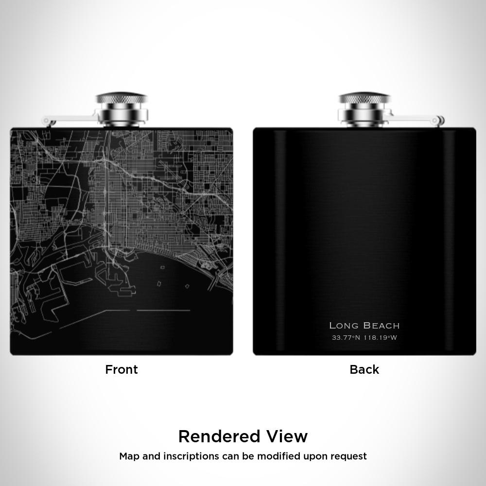 Matte black hip flask featuring a custom engraved map of Long Beach, California with coordinates, accompanied by a canvas bag and funnel.