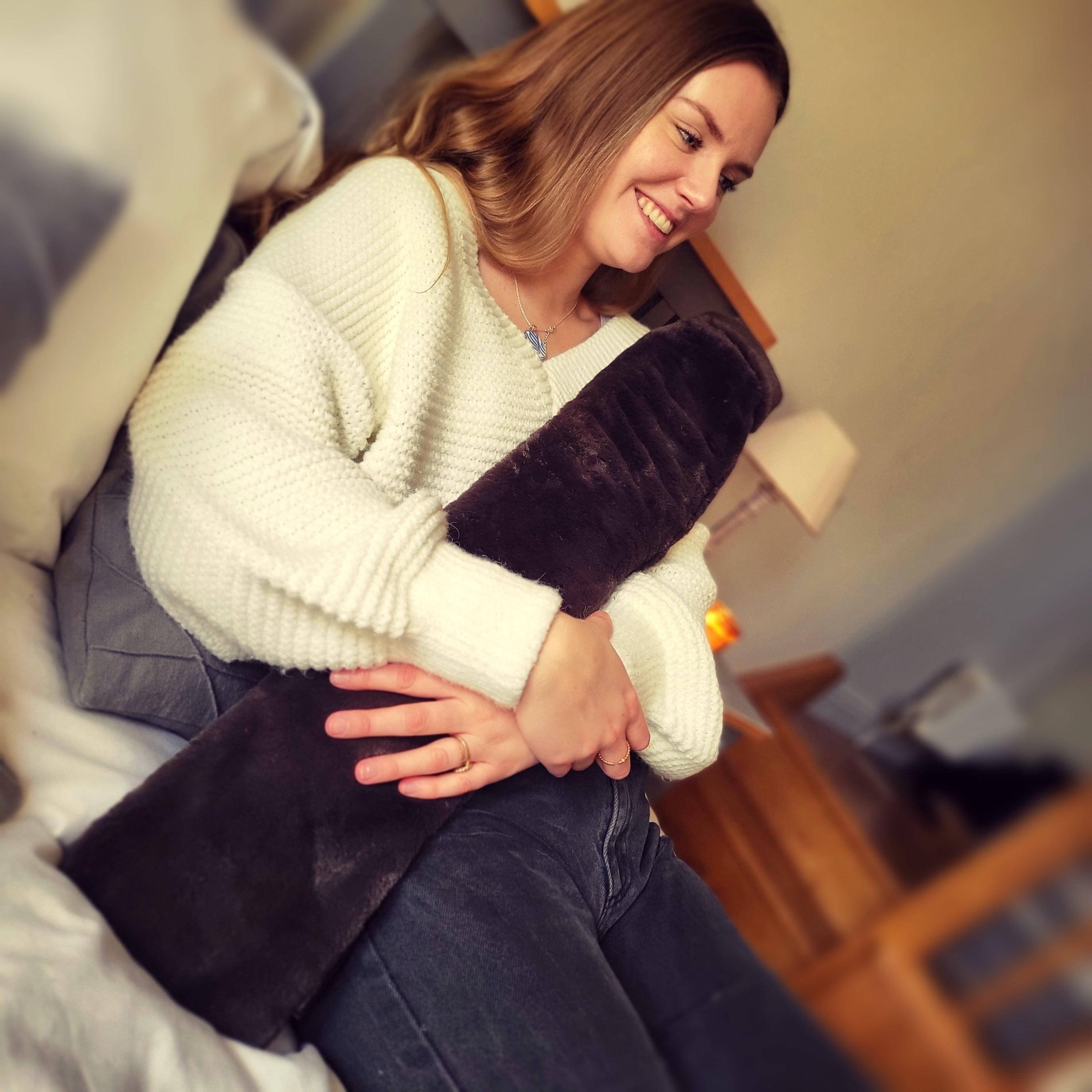 Long Dark Chocolate Faux Fur Hot Water Bottle with a soft, luxurious cover and natural rubber bottle, perfect for warmth and comfort.