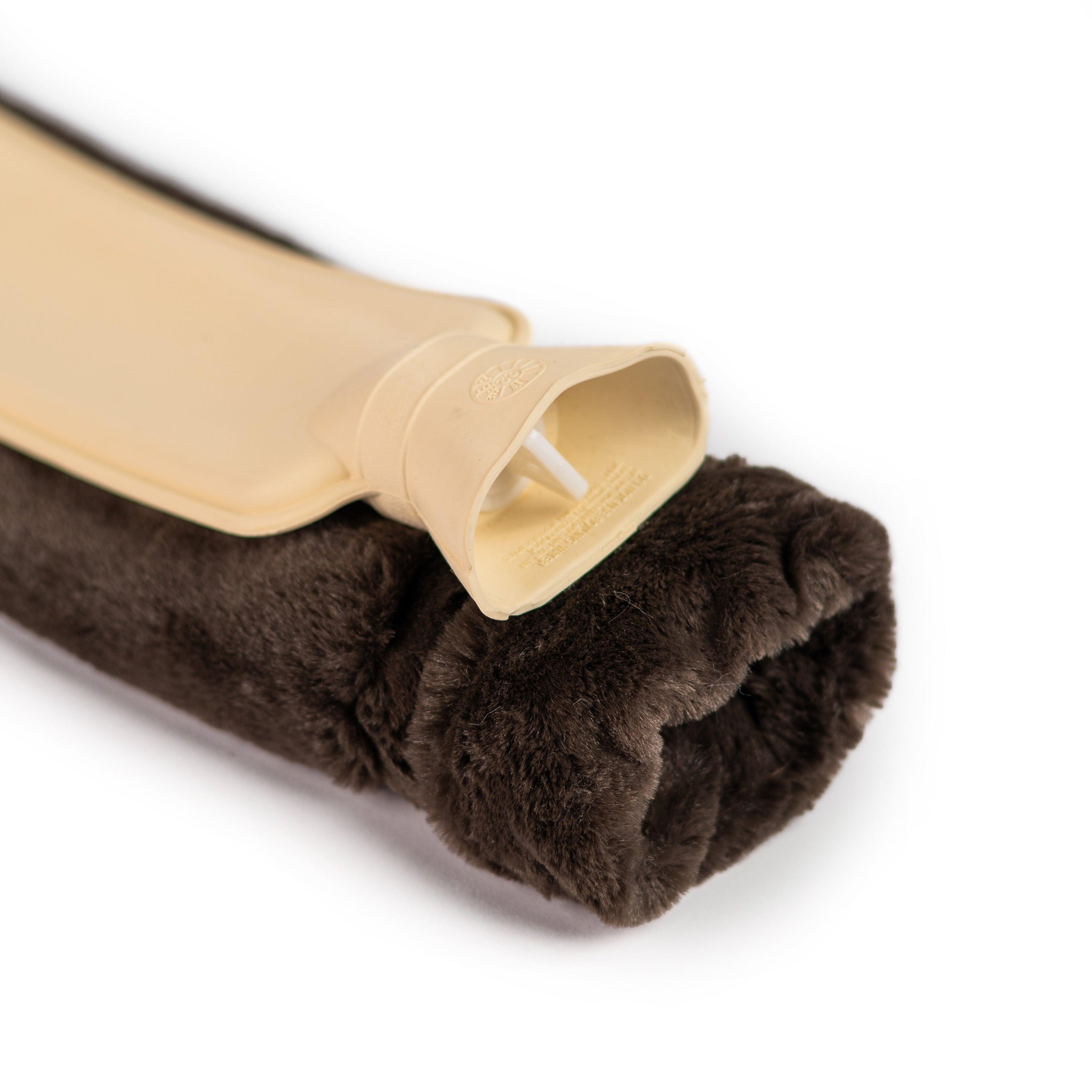 Long Dark Chocolate Faux Fur Hot Water Bottle with a soft, luxurious cover and natural rubber bottle, perfect for warmth and comfort.