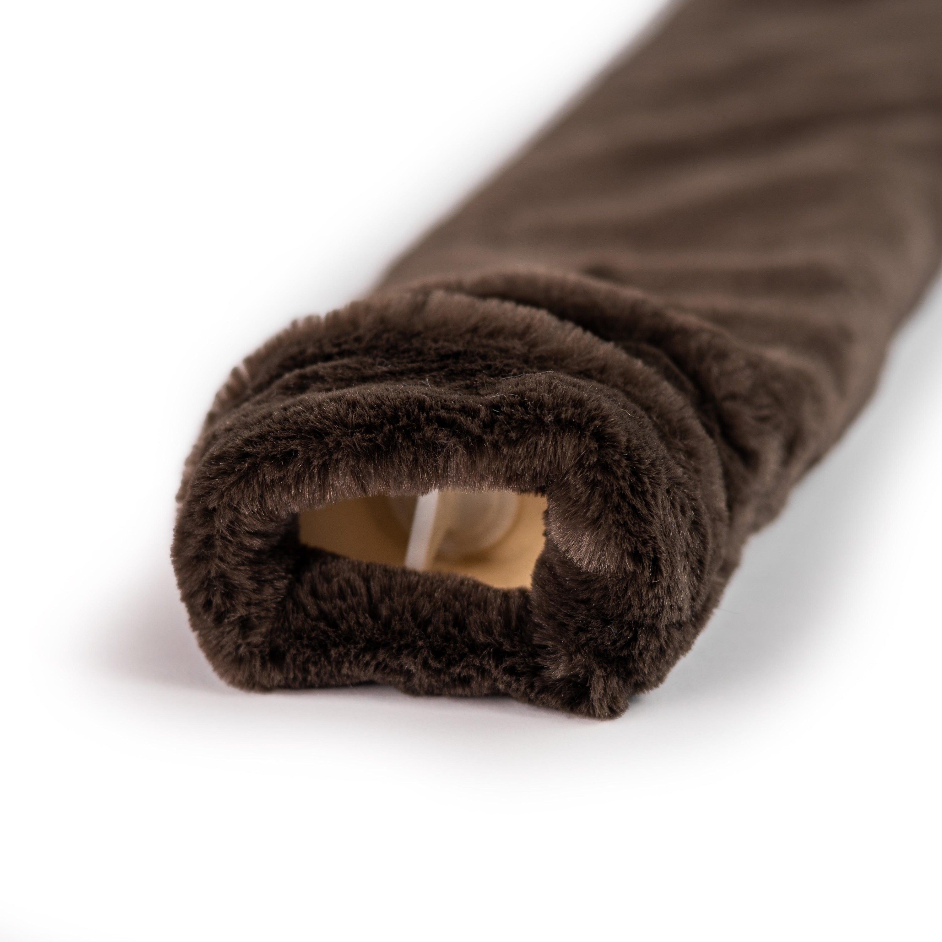 Long Dark Chocolate Faux Fur Hot Water Bottle with a soft, luxurious cover and natural rubber bottle, perfect for warmth and comfort.