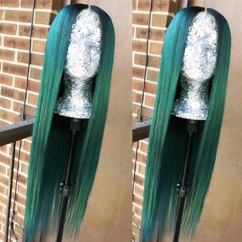 Long Dark Roots Green Mixed Color Ombre Two Tone Lace Front Synthetic wig displayed on a mannequin, showcasing its natural look and vibrant colors.