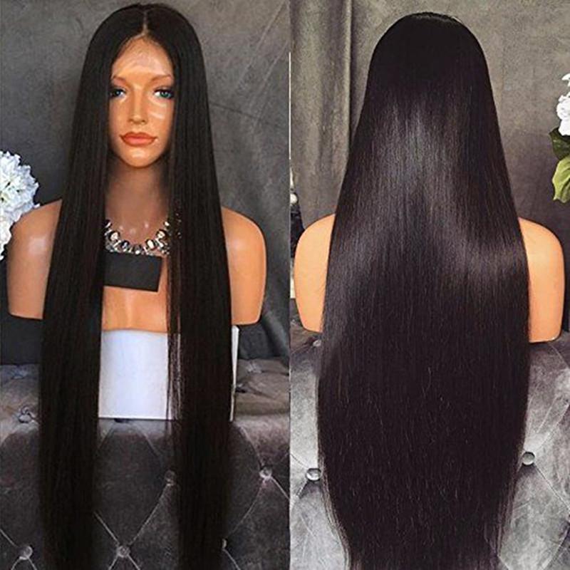 Long silky straight hair wig made from heat-resistant Japanese fiber, featuring a natural look with baby hair and adjustable straps.