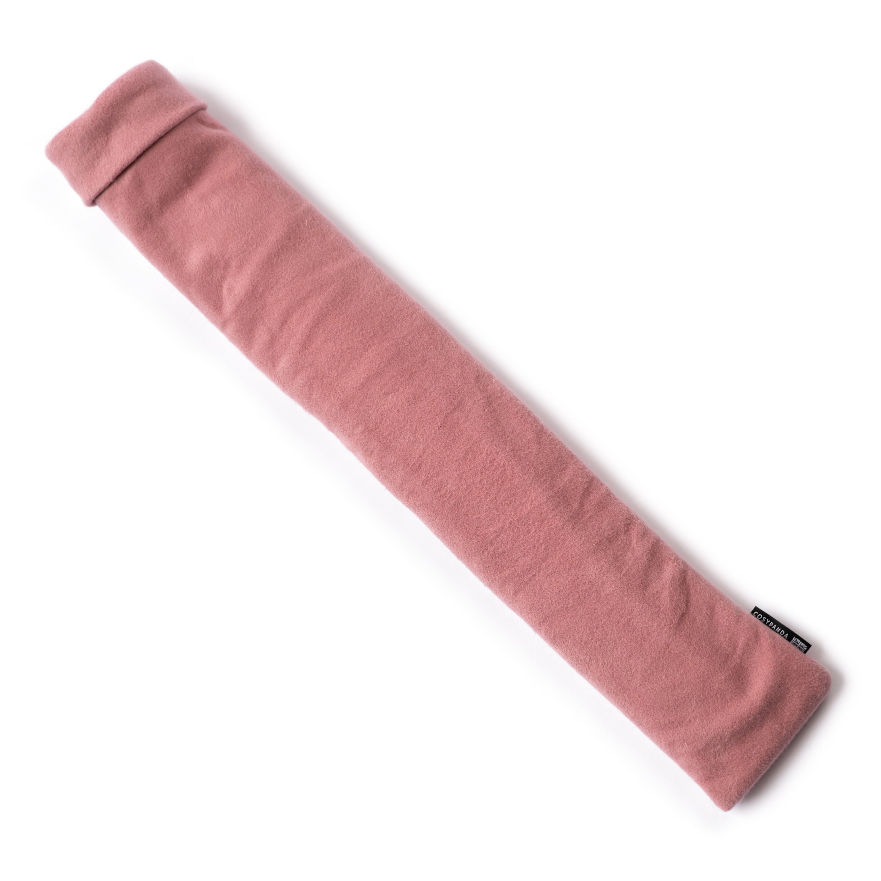 Long Organic Cotton Pink Hot Water Bottle with a soft pink cover, designed for comfort and warmth, ideal for soothing aches.