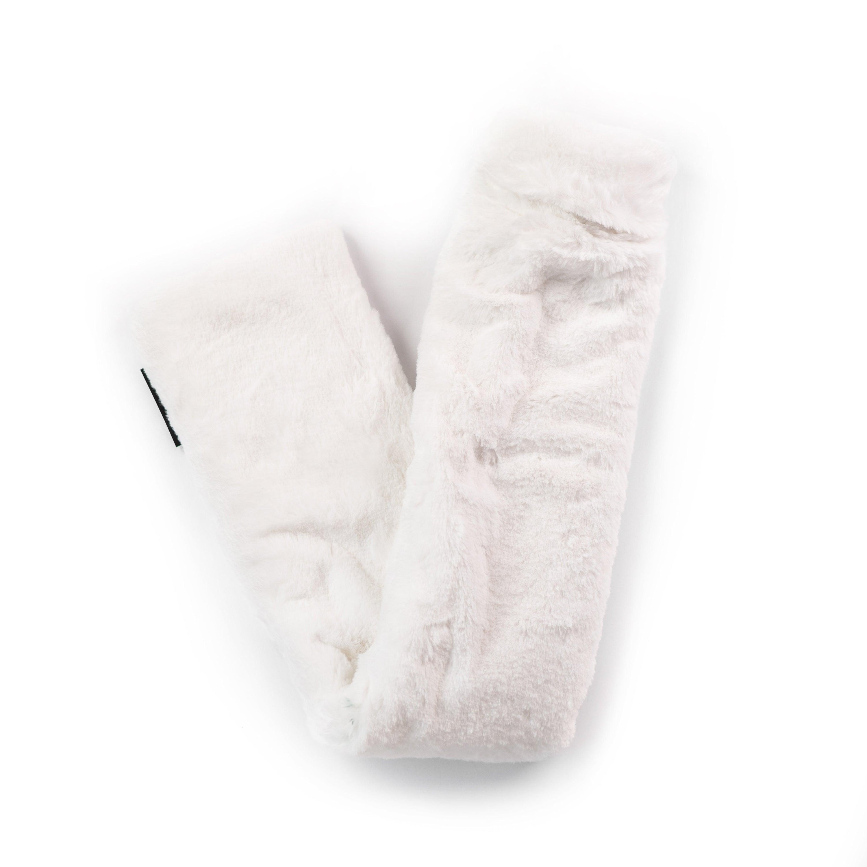 Long Silky Soft White Faux Fur Hot Water Bottle with a luxurious texture, perfect for warmth and comfort.